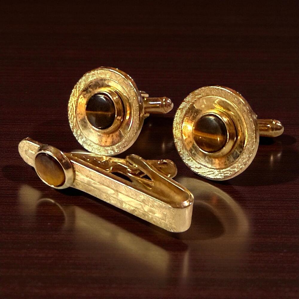 Vintage Shields Cufflinks Tie Clip Combo Gold Tone Tigers Eye Classic MCM